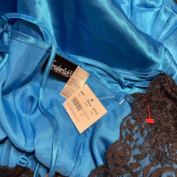 Frederick's of Hollywood Blue Satin Chemise with Black Lace Nightie - Picture 4 of 6